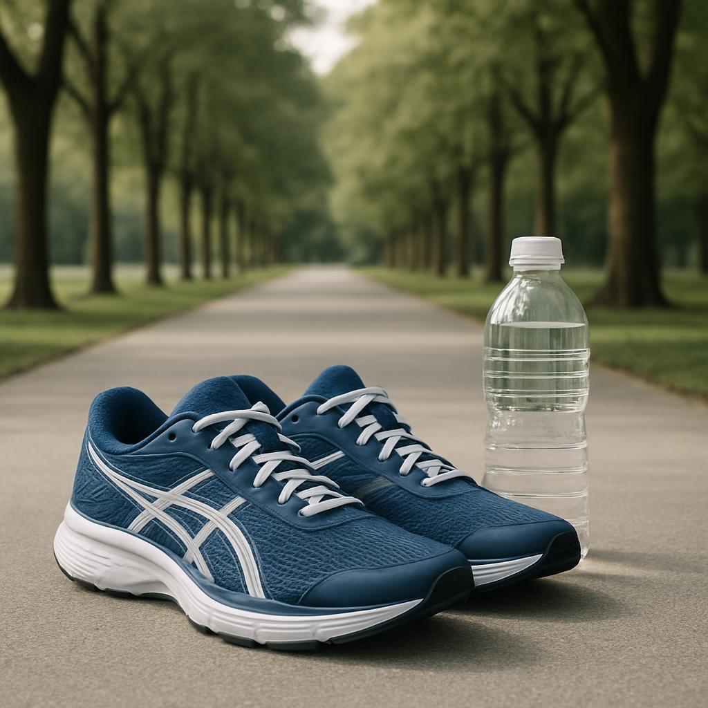 A pair of dark blue Asics Gel-Virginia runners sits by a water bottle on a concrete path. The shoes have a white stripe on...