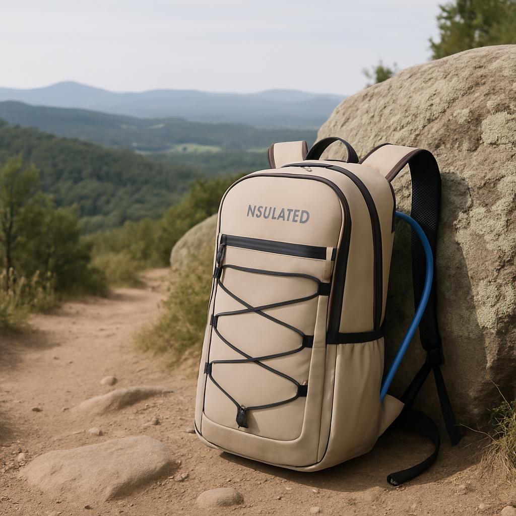 An insulated hiking backpack with a built-in blue water bladder situated on the side lies on the ground against a rock.