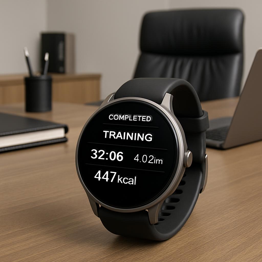 The watch face reads: "COMPLETED TRAINING 32:06 4.02mi 447kcal" and shows a countdown timer indicating 32 minutes and 6 se...